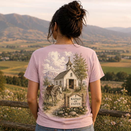A woman viewed from behind wearing a light pink graphic t-shirt with a vintage-style illustration of a church and the words 'RAISED IN FAITH' against a scenic outdoor background of mountains and fields.