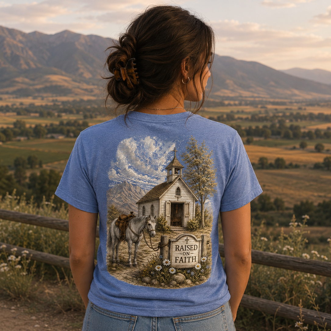 A woman viewed from behind wearing a heathered blue t-shirt with a large graphic print of a church, horse, and a sign reading 'RAISED FAITH' against a scenic mountain valley backdrop.