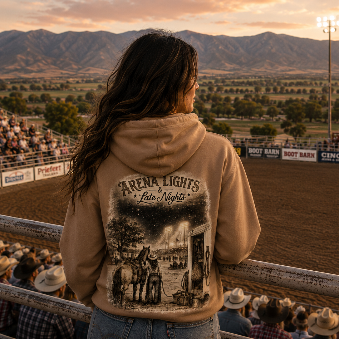 A woman stands with her back to the camera at a rodeo arena, wearing a tan hoodie with a large black western graphic on the back that reads 'Arena Lights Late Night'. The background shows a dirt arena, spectators, and mountains at sunset.