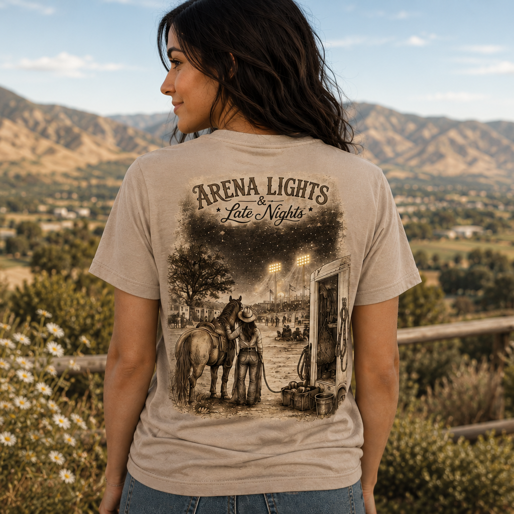 A woman shown from behind wearing a beige graphic t-shirt with a vintage western-style print reading 'Arena Lights Late Night'. The background depicts a scenic outdoor landscape with mountains and a rustic fence.