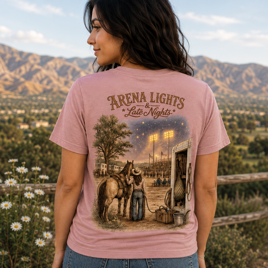 A woman wearing a light pink graphic t-shirt, viewed from behind, with a scenic outdoor background of mountains, a wooden fence, and wildflowers. The t-shirt features a large graphic print of a western night scene with a cowboy, a horse, and a gas station, with the text 'ARENA LIGHTS Late Nights'.